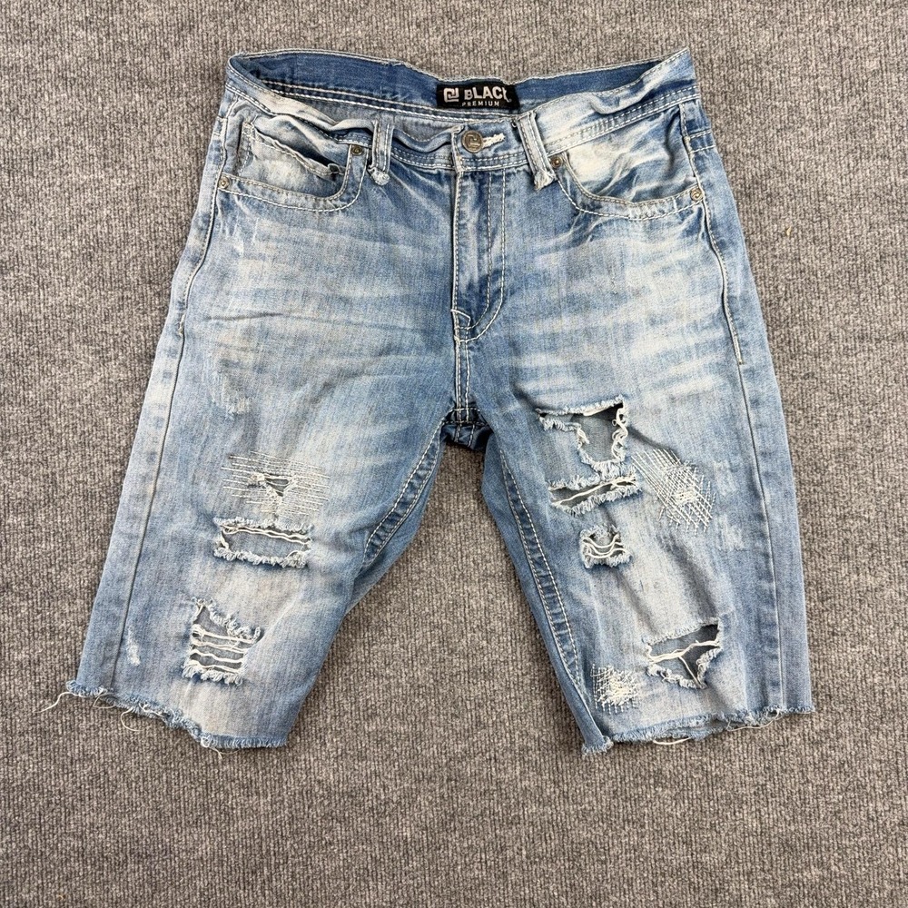 Y2K Black Premium Shorts Mens 32 Light Wash Denim Distressed 9 Inseam Bermuda